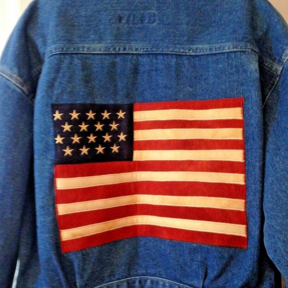 denim jacket with american flag on the back